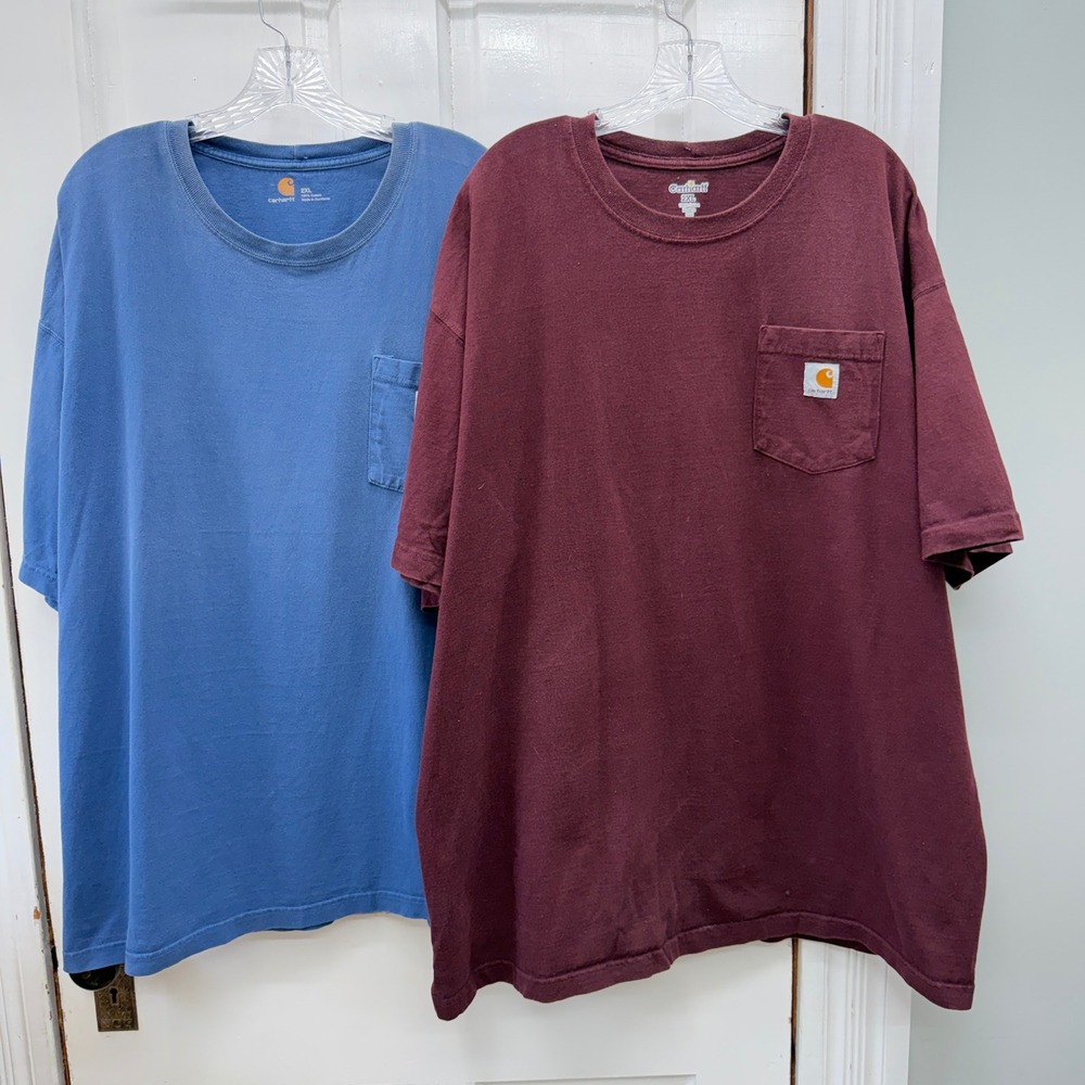 Carhartt Mens 2XL Short Sleeve Pocket T-Shirt Bundle Blue Maroon 2 Pack K87